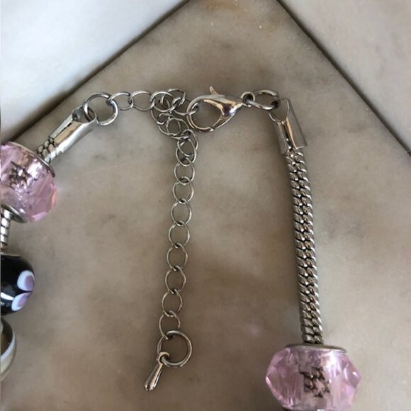 Murano Glass Slider Charm Bracelet Silver Pink Black 11 in long - Picture 3 of 15